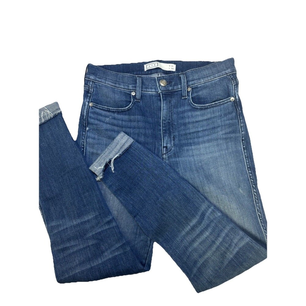 AYR Jeans 31 Womens The Riser Skinny High Waist Dark Wash Raw Hem Denim